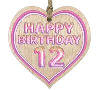 Fun 12th Birthday Gift For Boys Girls Wooden Heart Plaques - Glitter Age 12 - Light Wood Sign Keepsake, Happy Birthday Plaque for Son Daughter Brother Sister Grandson Granddaughter Niece Nephew Cousin