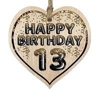 Fun 13th Birthday Gift For Boys Girls Wooden Heart Plaques - Foil Age - 13 - Light Wood Sign Keepsake, Happy Birthday Plaque for Son Daughter Brother Sister Grandson Granddaughter Niece Nephew Cousin