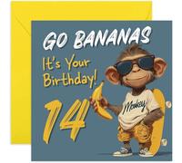 Fun 14th Birthday Card for Teenager Boy, Grandson Godson Nephew Son 'Go Bananas' Cool Monkey Skateboard Age Design - Square Card, Blank Inside With Envelope