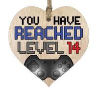Fun 14th Birthday Gift For Boys Girls Wooden Heart Plaques - Level Up - 14 - Light Wood Sign Keepsake, Happy Birthday Plaque, for Son Daughter Brother Sister Grandson Granddaughter Niece Nephew Cousin