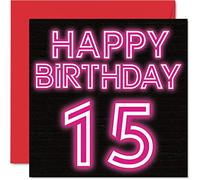 Fun 15th Birthday Cards for Boys Girls - Neon Glow - Happy Birthday Card for Son Daughter Brother Sister Grandson Granddaughter Niece Nephew, 145mm Greeting Cards, 15th Card
