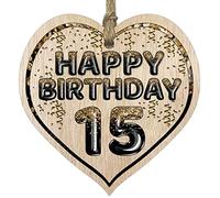 Fun 15th Birthday Gift For Boys Girls Wooden Heart Plaques - Foil Age - 15 - Light Wood Sign Keepsake, Happy Birthday Plaque for Son Daughter Brother Sister Grandson Granddaughter Niece Nephew Cousin