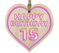 Fun 15th Birthday Gift For Boys Girls Wooden Heart Plaques - Glitter Age 15 - Light Wood Sign Keepsake, Happy Birthday Plaque for Son Daughter Brother Sister Grandson Granddaughter Niece Nephew Cousin