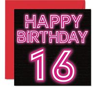 Fun 16th Birthday Cards for Boys Girls - Neon Glow - Happy Birthday Card for Son Daughter Brother Sister Grandson Granddaughter Niece Nephew, 145mm Greeting Cards, 16th Card