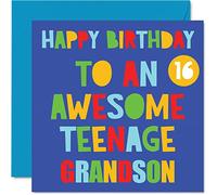 Fun 16th Birthday Cards for Grandson - Awesome Teenage Grandson 16 - Happy 16th Birthday Card from Nanny Grandad Nan Grandpa Gran Grandma, 145mm Bday Greeting Cards Gift