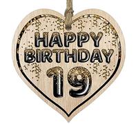 Fun 19th Birthday Gift For Men Woman Wooden Heart Plaques - Foil Age - 19 - Light Wood Sign Keepsake, Happy Birthday Plaque for Son Daughter Brother Sister Grandson Granddaughter Niece Nephew Cousin