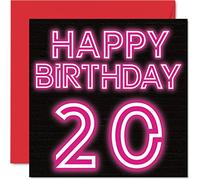 Fun 20th Birthday Cards for Men Woman - Neon Glow - Happy Birthday Card for Son Daughter Brother Sister Grandson Granddaughter Niece Nephew Uncle, 145mm Greeting Cards, 20th Card