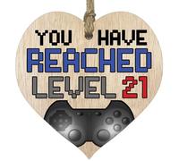 Fun 21st Birthday Gift For Men Woman Wooden Heart Plaques - Level Up - 21 - Light Wood Sign Keepsake, Happy Birthday Plaque, for Son Daughter Brother Sister Grandson Granddaughter Niece Nephew Uncle