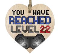 Fun 22nd Birthday Gift For Men Woman Wooden Heart Plaques - Level Up - 22 - Light Wood Sign Keepsake, Happy Birthday Plaque, for Son Daughter Brother Sister Grandson Granddaughter Niece Nephew Uncle