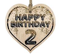 Fun 2nd Birthday Gift For Boys Girls Wooden Heart Plaques - Foil Age - 2 - Light Wood Sign Keepsake, Happy Birthday Plaque for Son Daughter Brother Sister Grandson Granddaughter Niece Nephew Cousin