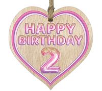 Fun 2nd Birthday Gift For Boys Girls Wooden Heart Plaques - Glitter Age 2 - Light Wood Sign Keepsake, Happy Birthday Plaque for Son Daughter Brother Sister Grandson Granddaughter Niece Nephew Cousin