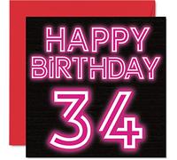 Fun 34th Birthday Cards for Men Woman, Neon Glow