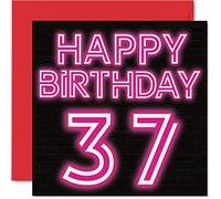 Fun 37th Birthday Cards for Men Woman - Neon Glow - Happy Birthday Card for Dad Mum Son Daughter Brother Sister Uncle Auntie Cousin, 145mm Greeting Cards, 37th Card