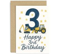 Fun 3rd Birthday Card for Boy, Tractors and Diggers 3rd Birthday Gift, Adorable Vehicle Graphics, for Son Nephew Grandson Brother, Age 3, Blank Inside with Envelope