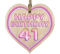Fun 41st Birthday Gift For Men Woman Wooden Heart Plaques - Glitter Age 41 - Light Wood Sign Keepsake, Happy Birthday Plaque for Dad Mum Brother Sister Grandad Nanny Grandma Uncle Auntie