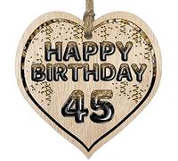 Fun 45th Birthday Gift For Men Woman Wooden Heart Plaques - Foil Age - 45 - Light Wood Sign Keepsake, Happy Birthday Plaque for Dad Mum Brother Sister Grandad Nanny Grandma Uncle Auntie