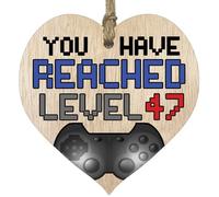 Fun 47th Birthday Gift For Men Woman Wooden Heart Plaques, Level Up