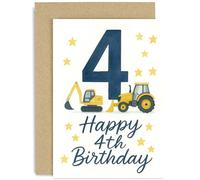 Fun 4th Birthday Card for Boy, Tractors and Diggers 2nd Birthday Gift, Adorable Vehicle Graphics, for Son Nephew Grandson Brother, Age 4, Blank Inside with Envelope