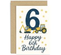 Fun 6th Birthday Card for Boy, Tractors and Diggers 2nd Birthday Gift, Adorable Vehicle Graphics, for Son Nephew Grandson Brother, Age 6, Blank Inside with Envelope