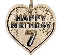 Fun 7th Birthday Gift For Boys Girls Wooden Heart Plaques - Foil Age - 7 - Light Wood Sign Keepsake, Happy Birthday Plaque for Son Daughter Brother Sister Grandson Granddaughter Niece Nephew Cousin