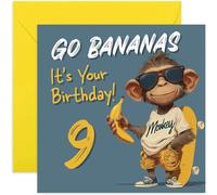 Fun 9th Birthday Card for Boy, Grandson Godson Nephew Son 'Go Bananas' Cool Monkey Skateboard Age Design - Square Card, Blank Inside With Envelope
