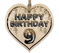 Fun 9th Birthday Gift For Boys Girls Wooden Heart Plaques - Foil Age - 9 - Light Wood Sign Keepsake, Happy Birthday Plaque for Son Daughter Brother Sister Grandson Granddaughter Niece Nephew Cousin