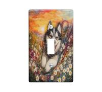 Fun Alaskan Malamute Dog Decorative Switch Cover 1 Gang Single Toggle, Spring Daisy Scene Chien Wall Plate Cover, Standard Size, Puppy Electrical Faceplate for Bedroom Living Room Decor