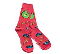 Fun and Cute Ramen Crew Socks, Pink with Green Bear Design, Noodles and Chopsticks Pattern, Unisex