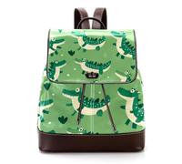 Fun Animal Green Gator Crocodile Women Laptop Backpack, PU Leather Daypack Fashion Rucksack Travel Shoulder Bag