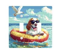 Fun Basset Hound Dog Switch Cover Wall Plate 2 Gang Double Toggle, Summer Pixel Scene Chien Electrical Faceplate for Bedroom Bathroom Decor, Puppy Standard Size Switchplate