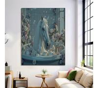 Fun Bathroom Wall Art Decor, Light Blue Wall Art, Waterproof Canvas Wall Art The White Horse Taking A Bath Prints for Living Room Bedroom Bathroom, 16 x 12 in, Unframed