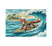 Fun Beach Fox Surfing Jigsaw Puzzles for Adults 300 Piece, Summer Beachy Coastal Animal Wooden Puzzles, Cool Wave Printed Decor for Entertainment Creative
