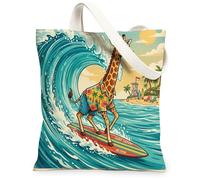 Fun Beach Giraffe Surfing Canvas Tote Bag for Shopping 13 * 15, Summer Beachy Coastal Animal Reusable Grocery Bag for Women, Cool Wave Aesthetic Painting Gift Decor