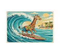 Fun Beach Giraffe Surfing Jigsaw Puzzles for Adults 1000 Piece, Summer Beachy Coastal Animal Wooden Puzzles, Cool Wave Printed Decorations for Entertainment Party