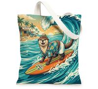 Fun Beach Otter Surfing Canvas Tote Bag for Shopping 13x15, Summer Beachy Coastal Animal Reusable Grocery Print Pattern Bag for Women, Cool Wave Aesthetic Painting Gift Decor
