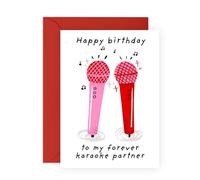 Fun Birthday Card for Karaoke Lovers - My Forever Karaoke Partner - Music and Microphone Theme - For Friends, Couples, Besties, Colleagues or Singing Partners- Comes with Fun Stickers