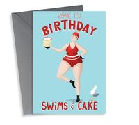 Fun Birthday Card - Swim Friend - Swimmer with Cake & Seagull