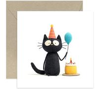 Fun Birthday Cards for Men Women Children, Felt Cat With Balloon and Cake, Charming Humorous BDay Gifts fo Family and Friends, Colleague Brother Dad - Blank Inside with Envelope
