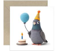 Fun Birthday Cards for Men Women Children, Felt Pigeon With Balloon and Cake, Charming Humorous BDay Gifts fo Family and Friends, Colleague Brother Dad - Blank Inside with Envelope