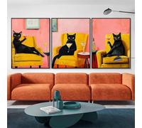 Fun Black Cat Cocktail Canvas Painting Pink Background Elegant Black Cat Holding Martini Art Posters Living Room Home Decor 50X70Cmx3Pcs Unframed