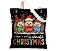 Fun Black Christmas Hedgehog Canvas Tote Bag for Shopping 13x15, Winter Xmas Snowflake Reusable Grocery Print Pattern Bag for Women, Holiday Aesthetic Painting Gift Decor