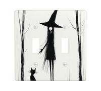 Fun Black Halloween Witch Decorative Light Switch Cover Plate 2 Gang Double Toggle, Scary Gothic Kid Cute Cat Electrical Switchplate, Goth Forest Electrical Faceplate for Bedroom Room