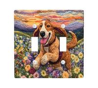 Fun Bloodhound Dog Decorative Switch Cover 2 Gang Double Toggle, Spring Daisy Flowers Scene Chien Wall Plate Cover, Standard Size, Puppy Electrical Faceplate for Bedroom Living Room Decor