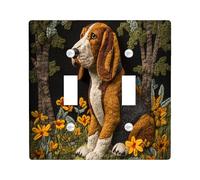Fun Bloodhound Dog Decorative Switch Cover 2 Gang Double Toggle, Spring Forest Scene Chien Switchcover Wall Plate, Puppy Electrical Faceplate for Bedroom Living Room Decor