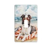 Fun Border Collie Dog Decorative Switch Cover 1 Gang Single Toggle, Summer Watercolor Beaches Chien Wall Plate Cover, Standard Size, Puppy Electrical Faceplate for Bedroom Living Room Decor