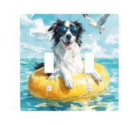 Fun Border Collie Dog Decorative Switch Cover 2 Gang Double Toggle, Summer Nautical Scene Chien Switchcover Wall Plate, Puppy Electrical Faceplate for Bedroom Living Room Decor