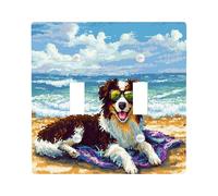 Fun Border Collie Dog Switch Cover Wall Plate 2 Gang Double Toggle, Summer Pixel Art Coastal Chien Electrical Faceplate for Bedroom Bathroom Decor, Puppy Standard Size Switchplate