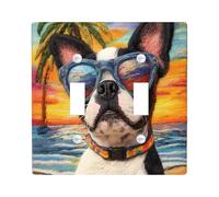 Fun Boston Terrier Dog Decorative Switch Cover 2 Gang Double Toggle, Embroidery Beaches Chien Wall Plate Cover, Standard Size, Puppy Electrical Faceplate for Bedroom Living Room Decor