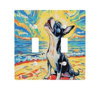 Fun Boston Terrier Dog Decorative Switch Cover 2 Gang Double Toggle, Oil Painting Beaches Chien Switchcover Wall Plate, Puppy Electrical Faceplate for Bedroom Living Room Decor