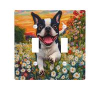 Fun Boston Terrier Dog Decorative Switch Cover 2 Gang Double Toggle, Spring Daisy Flowers Scene Chien Switchcover Wall Plate, Puppy Electrical Faceplate for Bedroom Living Room Decor